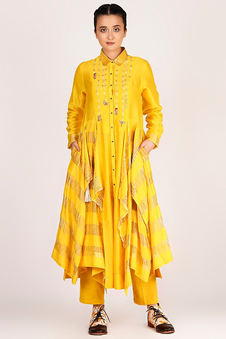 Mustard Embroidered Cascade Shirt With Pants Design by Jajaabor at ...