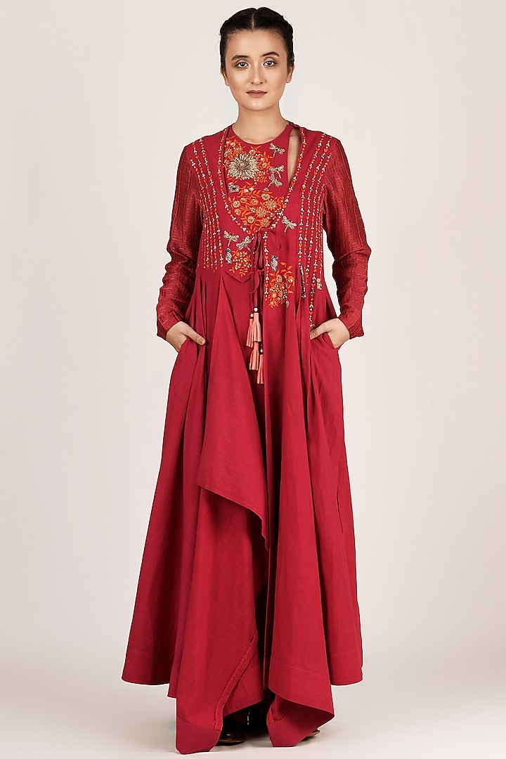 Fuchsia Draped & Embroidered Angrakha Kurta With Pants by Jajaabor