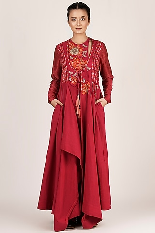 Fuchsia Draped & Embroidered Angrakha Kurta With Pants by Jajaabor