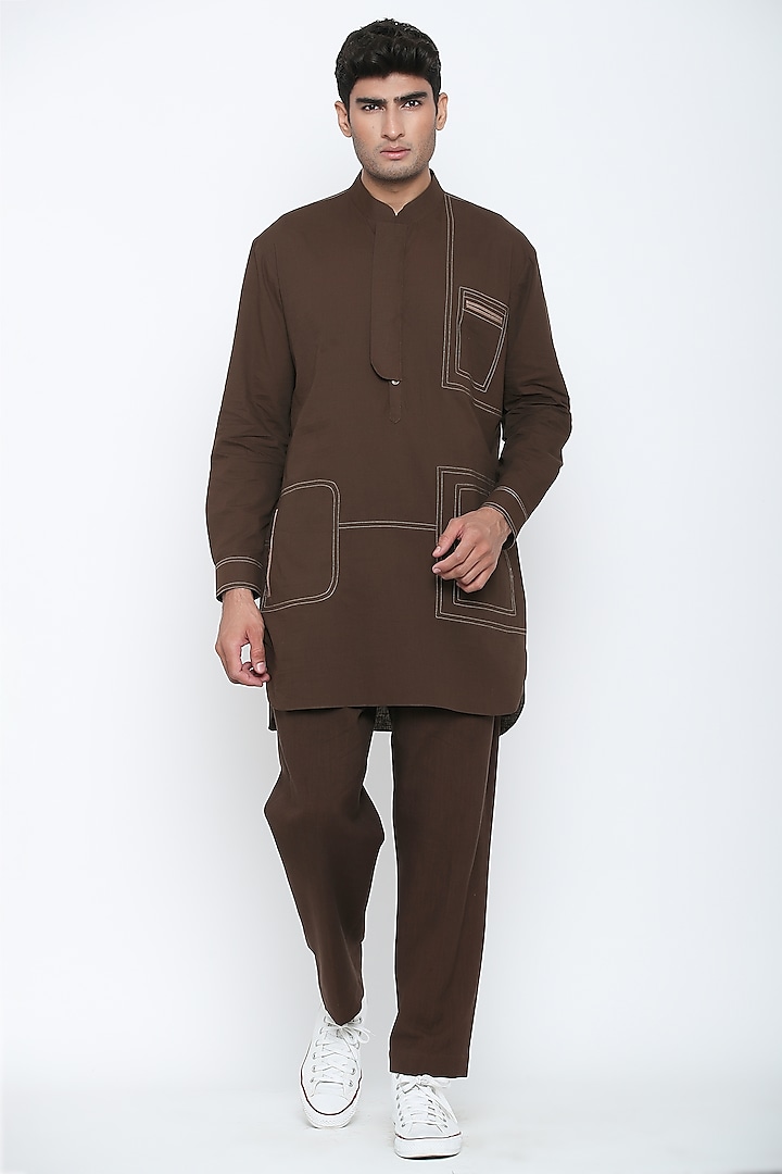 Chocolate Travellers Kurta Set by Jajaabor Men