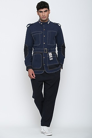 Indigo Blue Textured Cotton Co-Ord Set by Jajaabor Men
