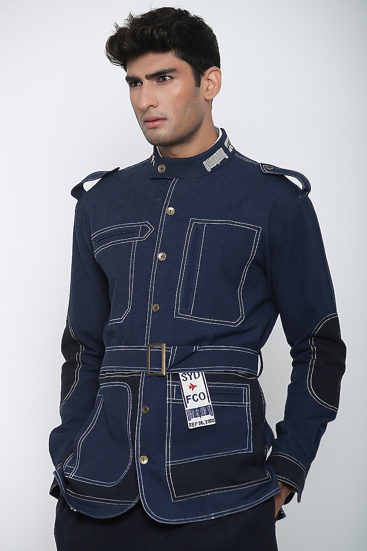Indigo Blue Textured Cotton Co-Ord Set by Jajaabor Men at Pernia's Pop Up Shop