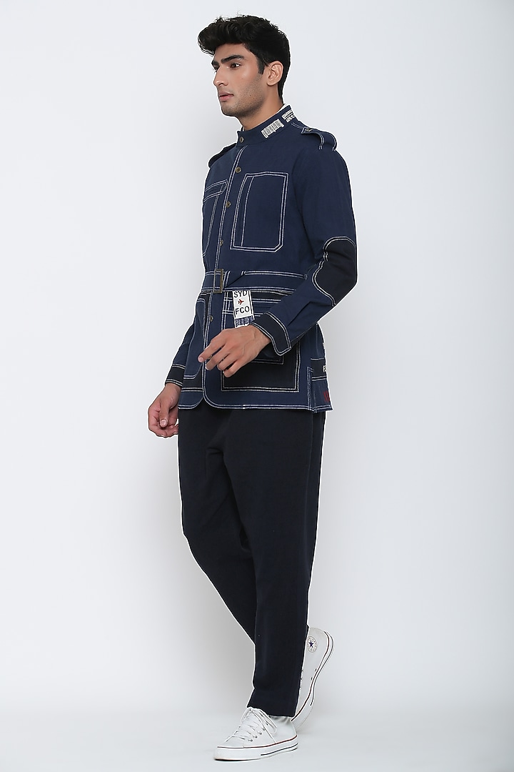Indigo Blue Textured Cotton Co-Ord Set by Jajaabor Men at Pernia's Pop Up Shop