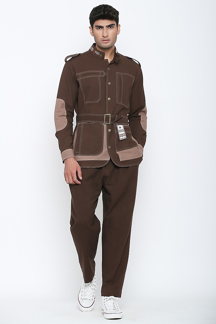 Caramel Brown Textured Cotton Co-Ord Set by Jajaabor Men