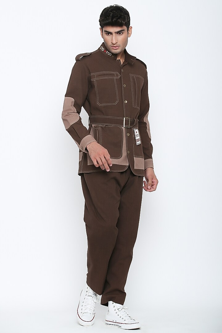 Caramel Brown Textured Cotton Co-Ord Set by Jajaabor Men at Pernia's Pop Up Shop