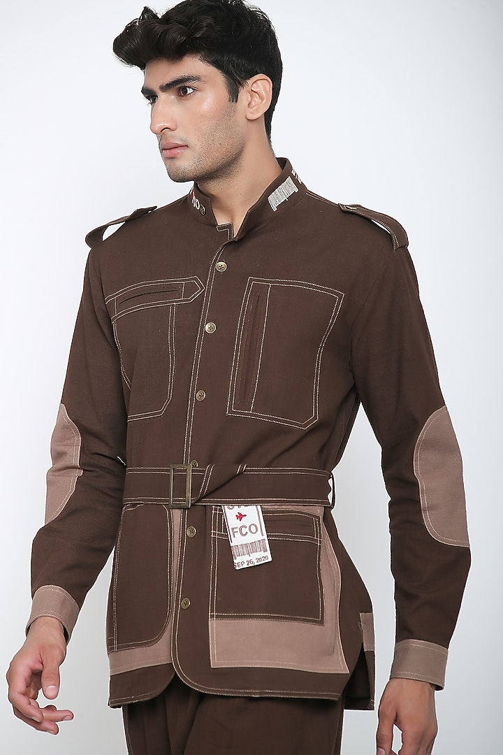 Caramel Brown Textured Cotton Co-Ord Set by Jajaabor Men at Pernia's Pop Up Shop