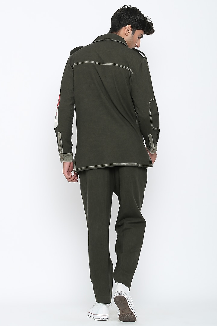Military Olive Green Textured Cotton Co-Ord Set by Jajaabor Men at Pernia's Pop Up Shop