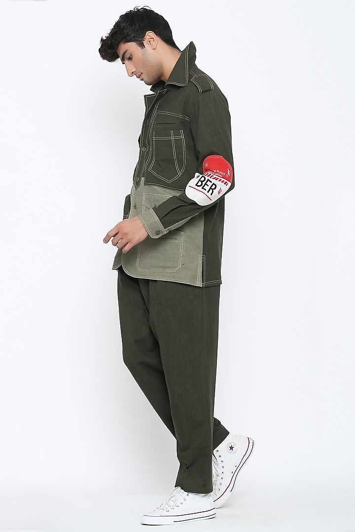 Military Olive Green Textured Cotton Co-Ord Set by Jajaabor Men at Pernia's Pop Up Shop
