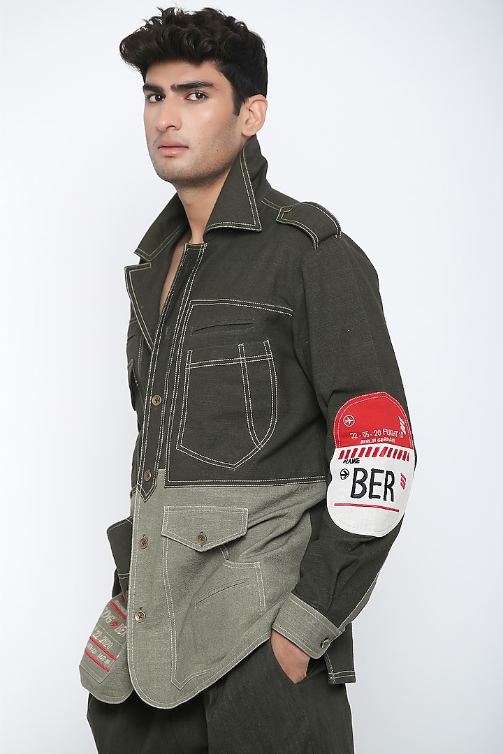 Military Olive Green Textured Cotton Co-Ord Set by Jajaabor Men at Pernia's Pop Up Shop
