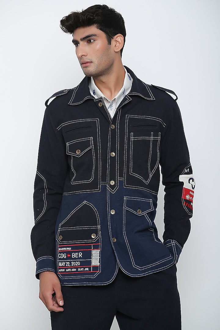 Indigo Blue Textured Cotton Co-Ord Set by Jajaabor Men at Pernia's Pop Up Shop