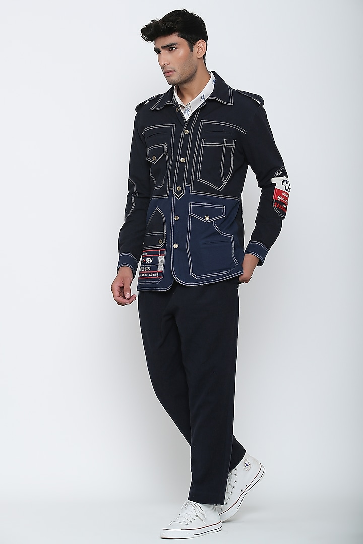 Indigo Blue Textured Cotton Co-Ord Set by Jajaabor Men at Pernia's Pop Up Shop