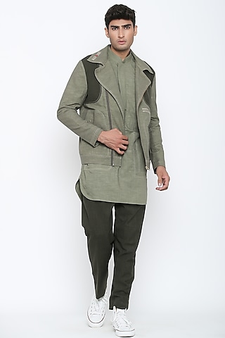 Military Olive Green Biker Jacket by Jajaabor Men