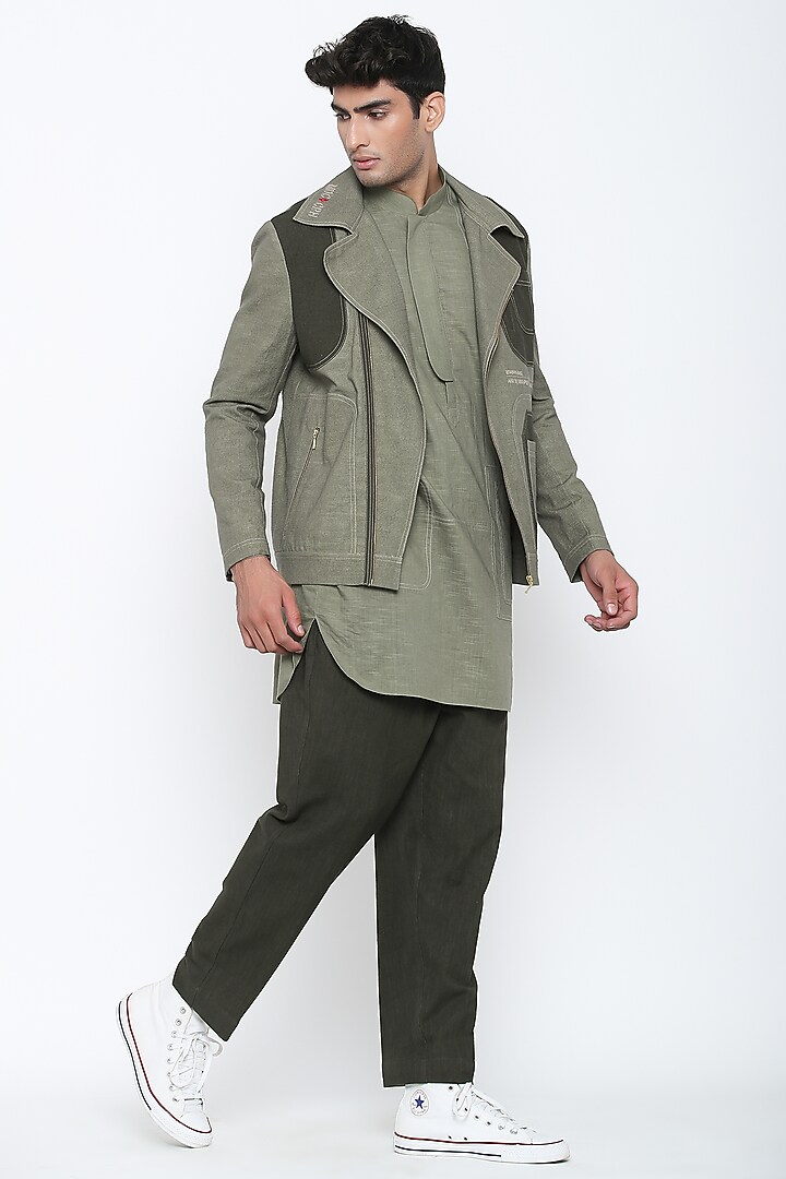 Military Olive Green Biker Jacket by Jajaabor Men at Pernia's Pop Up Shop