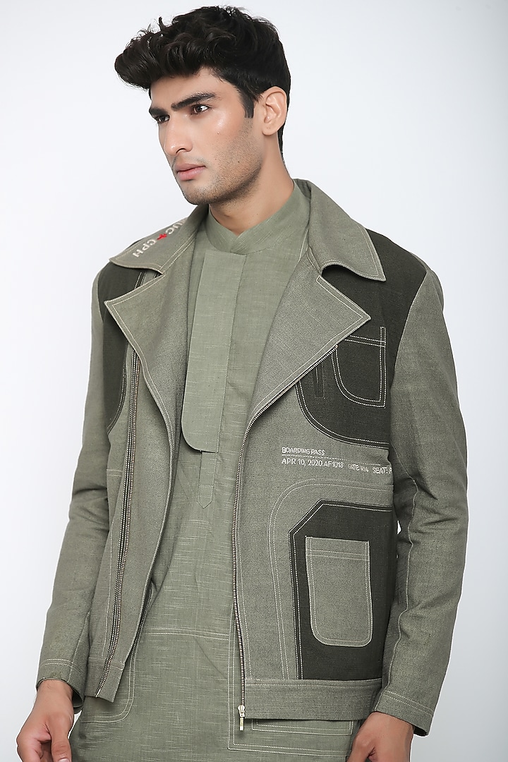 Military Olive Green Biker Jacket by Jajaabor Men at Pernia's Pop Up Shop