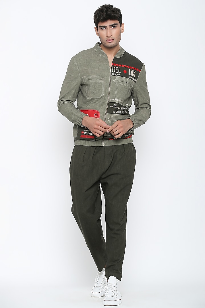 Military Olive Green Boarding Pass Bomber Jacket by Jajaabor Men