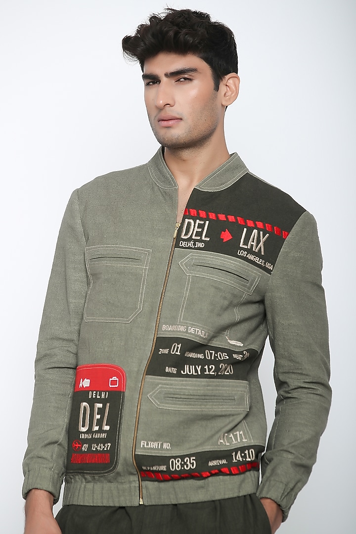 Military Olive Green Boarding Pass Bomber Jacket by Jajaabor Men at Pernia's Pop Up Shop