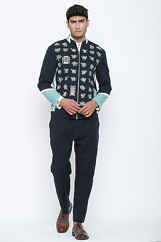 Indigo Blue Bandhgala Jacket by Jajaabor Men