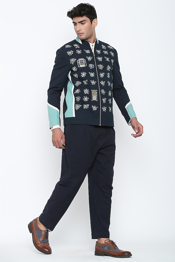 Indigo Blue Bandhgala Jacket by Jajaabor Men at Pernia's Pop Up Shop