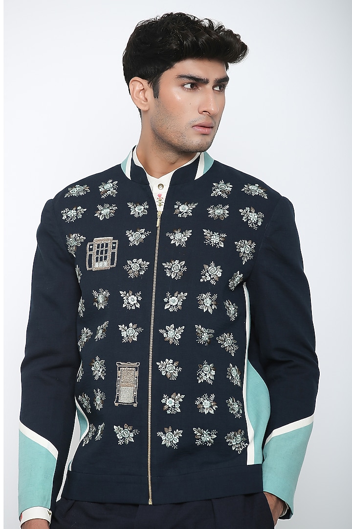 Indigo Blue Bandhgala Jacket by Jajaabor Men at Pernia's Pop Up Shop