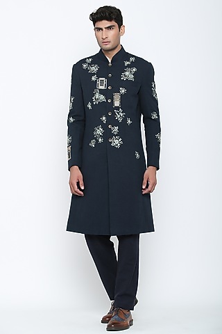 Indigo Blue Achkan Kurta Set by Jajaabor Men