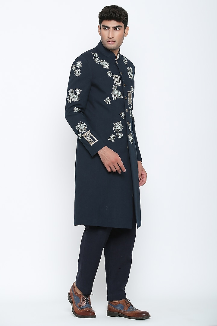 Indigo Blue Achkan Kurta Set by Jajaabor Men at Pernia's Pop Up Shop