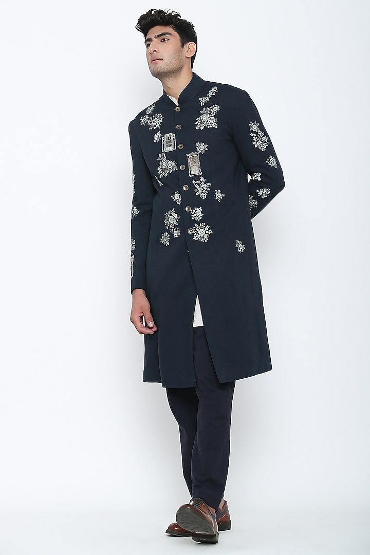 Indigo Blue Achkan Kurta Set by Jajaabor Men at Pernia's Pop Up Shop