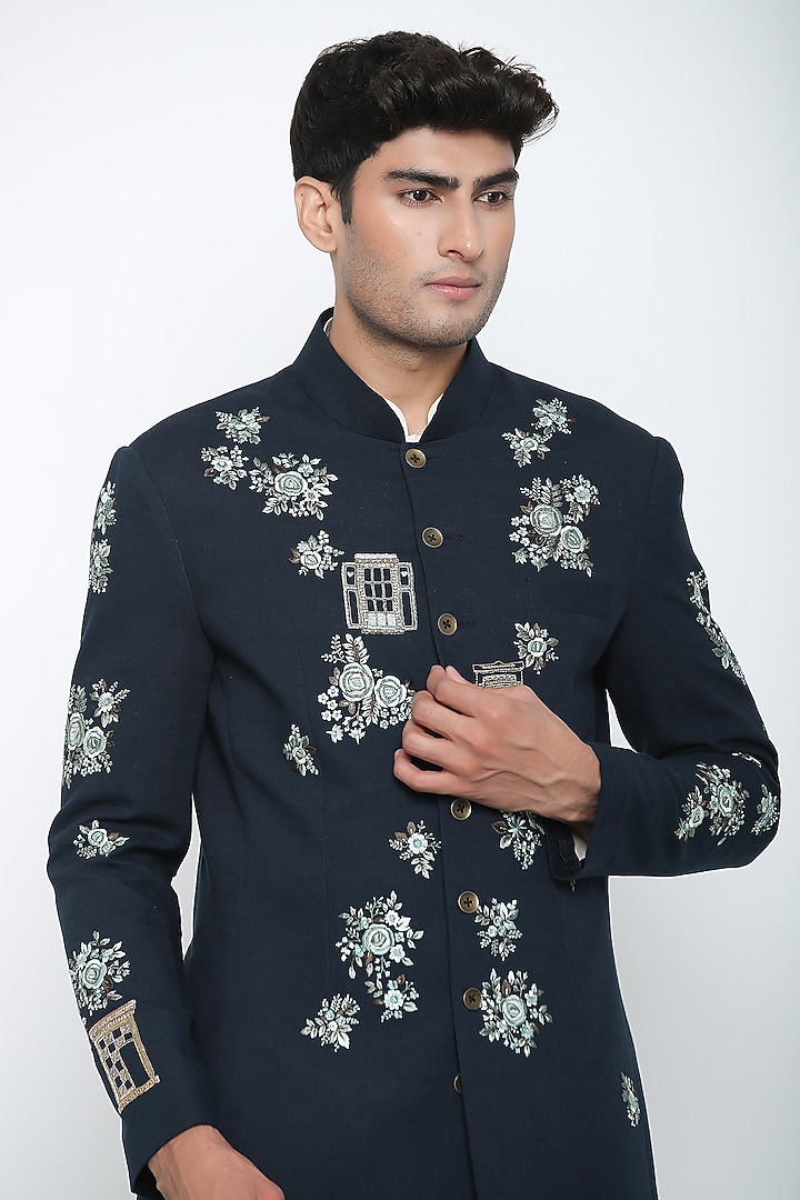 Indigo Blue Achkan Kurta Set by Jajaabor Men at Pernia's Pop Up Shop