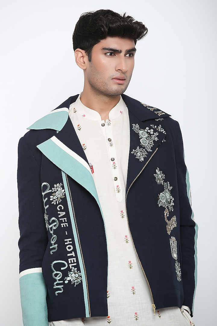 Indigo Blue Biker Jacket by Jajaabor Men at Pernia's Pop Up Shop