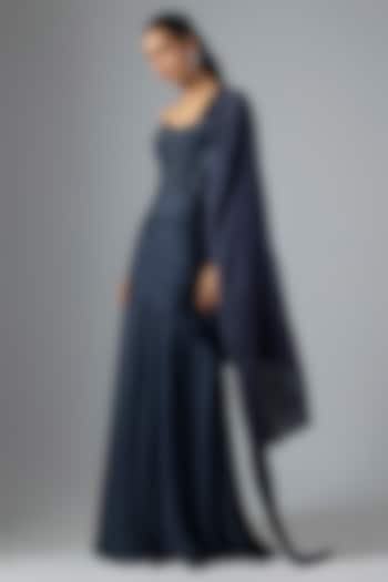 Navy Blue Soft Net & Cotton Satin Wedding Saree Gown by Jayesh & Kajal Shah at Pernia's Pop Up Shop