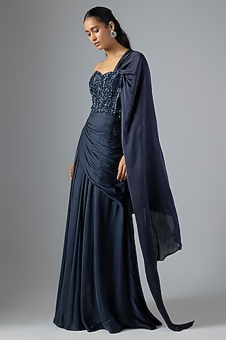 Navy Blue Soft Net & Cotton Satin Saree Gown by Jayesh & Kaajal Shah