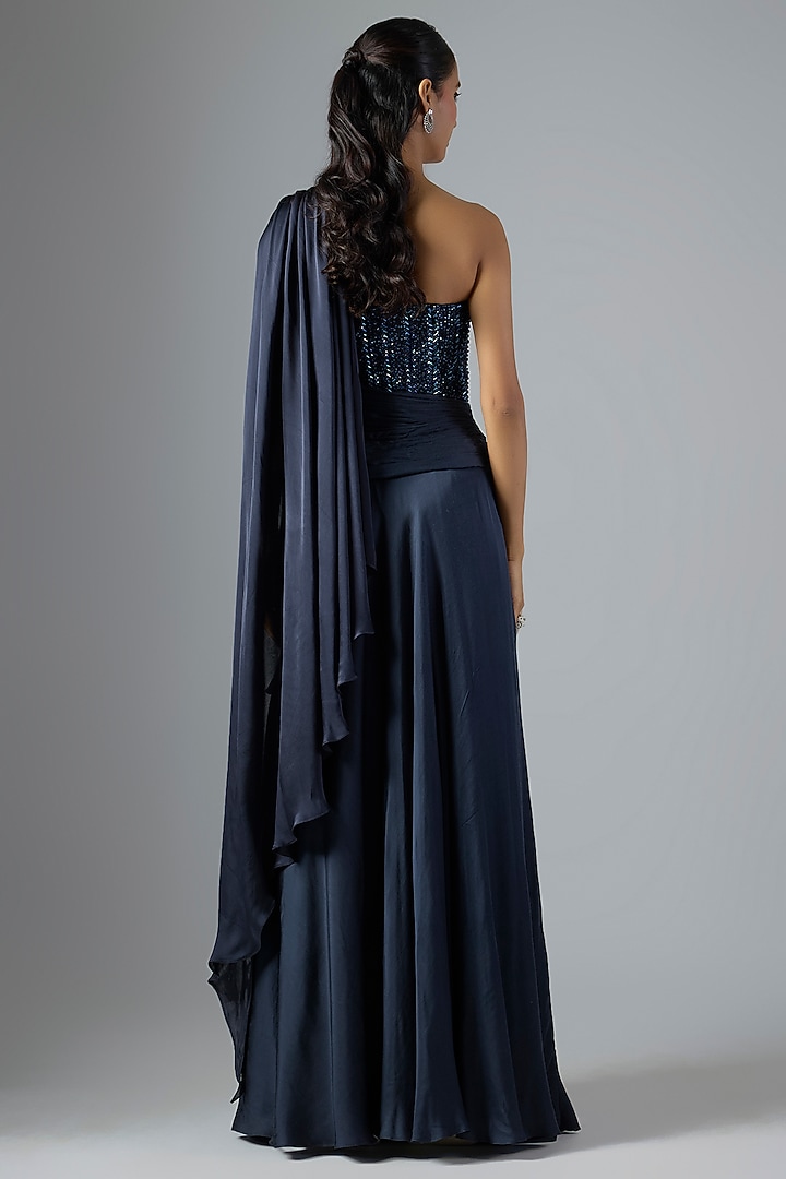 Navy Blue Soft Net & Cotton Satin Wedding Saree Gown by Jayesh & Kaajal Shah at Pernia's Pop Up Shop