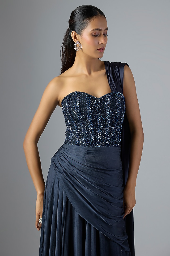 Navy Blue Soft Net & Cotton Satin Wedding Saree Gown by Jayesh & Kaajal Shah at Pernia's Pop Up Shop