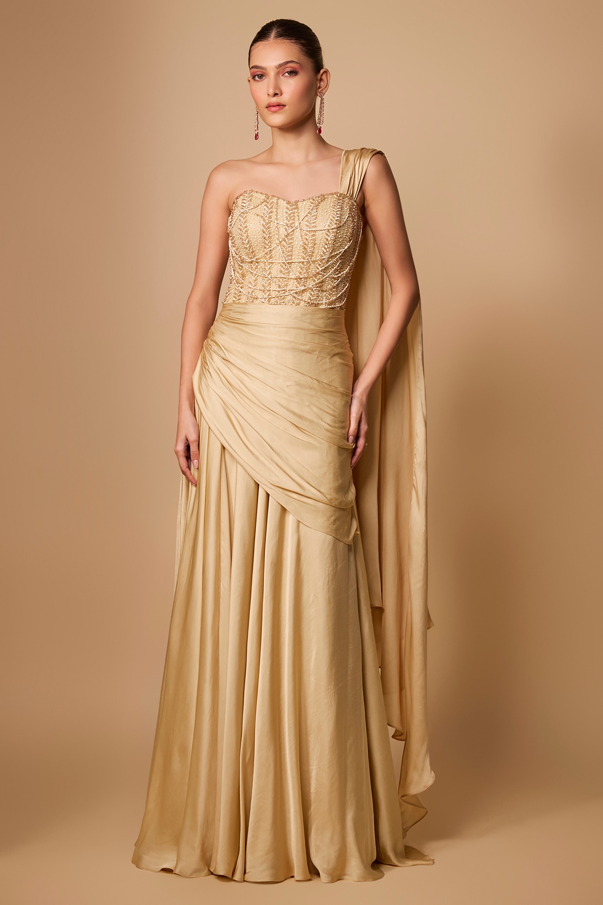 Jayesh & Kaajal Shah Champagne Gold Cotton Satin & Net Gown Saree