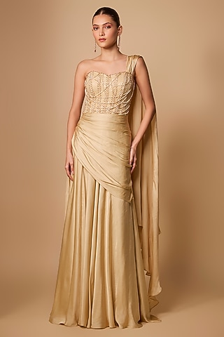 Champagne Gold Cotton Satin & Net Gown Saree by Jayesh & Kaajal Shah