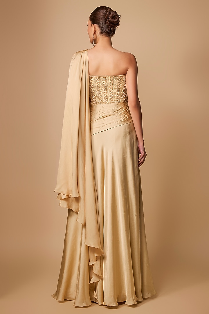 Champagne Gold Cotton Satin & Net Wedding Gown Saree by Jayesh & Kaajal Shah at Pernia's Pop Up Shop