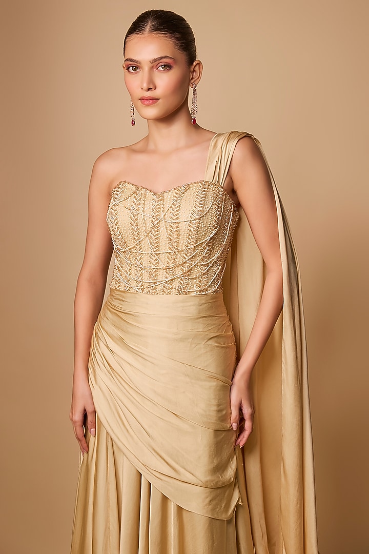 Champagne Gold Cotton Satin & Net Wedding Gown Saree by Jayesh & Kaajal Shah at Pernia's Pop Up Shop