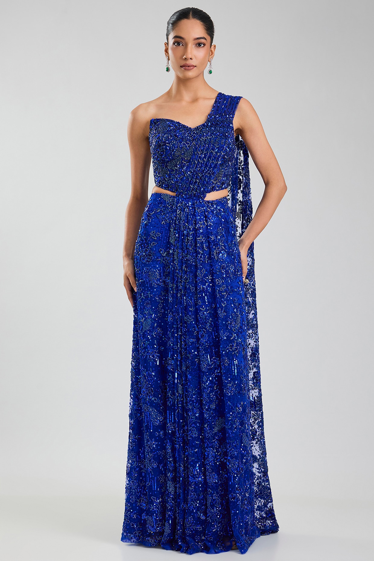 Jayesh & Kaajal Shah Blue Net & Satin Georgette Draped Saree Set
