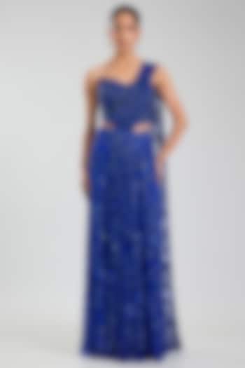 Blue Net & Satin Georgette Draped Reception Saree Set by Jayesh & Kaajal Shah at Pernia's Pop Up Shop