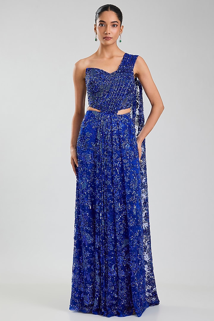 Blue Net & Satin Georgette Draped Reception Saree Set by Jayesh & Kaajal Shah at Pernia's Pop Up Shop