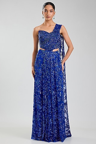 Blue Net & Satin Georgette Draped Saree Set by Jayesh & Kaajal Shah