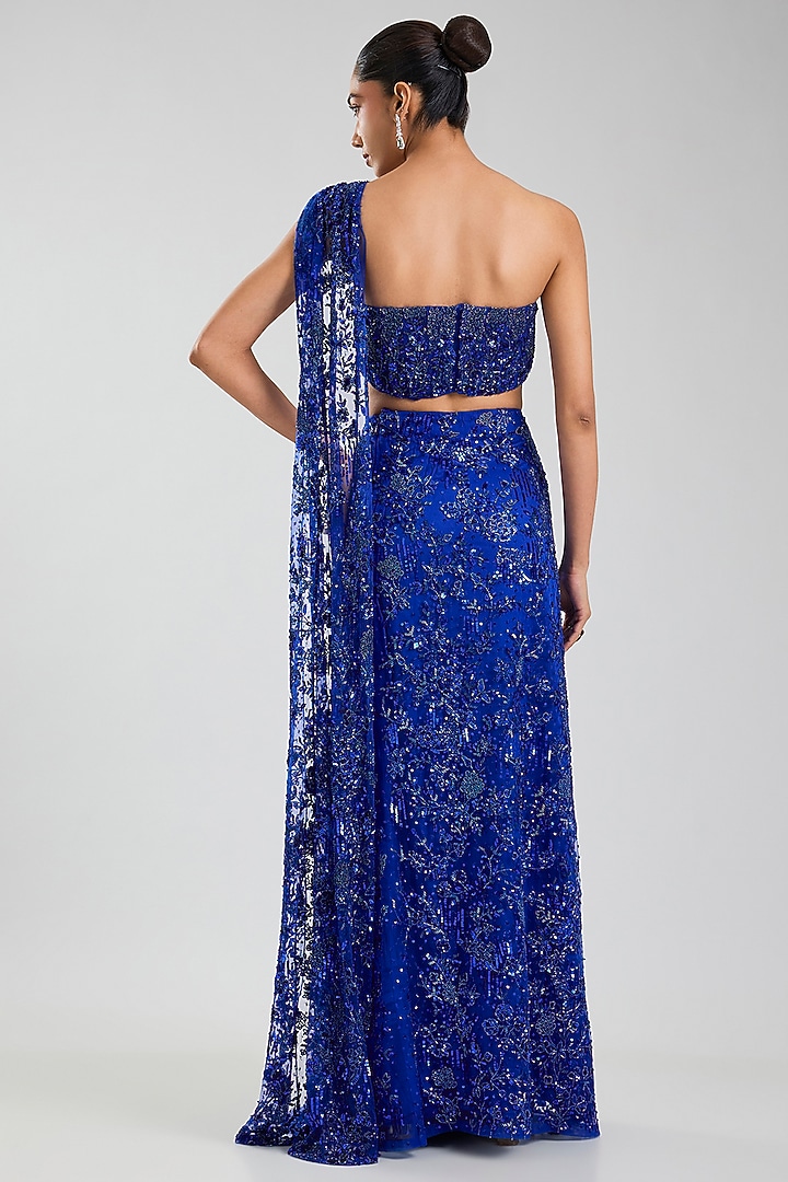 Blue Net & Satin Georgette Draped Reception Saree Set by Jayesh & Kaajal Shah at Pernia's Pop Up Shop