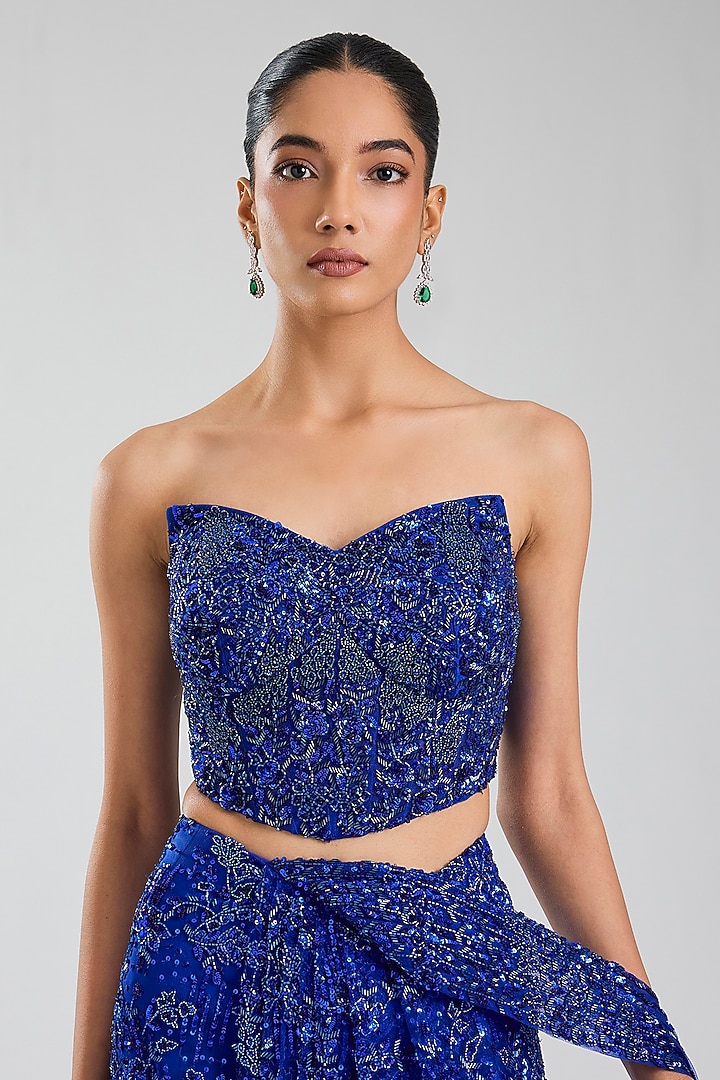 Blue Net & Satin Georgette Draped Reception Saree Set by Jayesh & Kaajal Shah at Pernia's Pop Up Shop