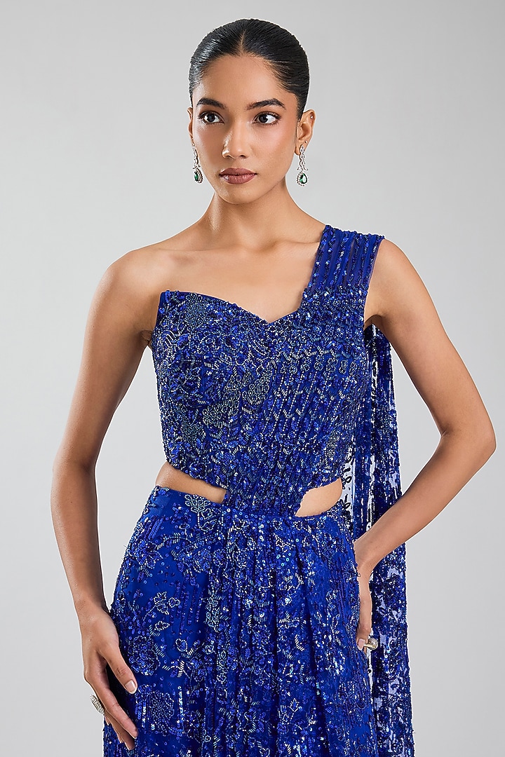 Blue Net & Satin Georgette Draped Reception Saree Set by Jayesh & Kaajal Shah at Pernia's Pop Up Shop