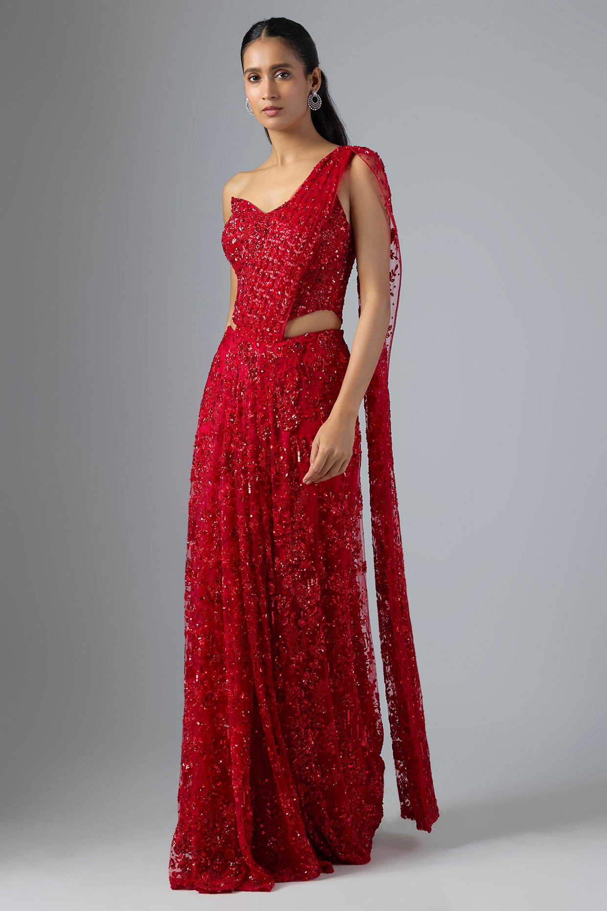 Jayesh & Kaajal Shah Red Soft Net & Satin Georgette Draped Saree Set