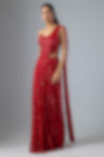 Red Soft Net & Satin Georgette Draped Reception Saree Set by Jayesh & Kajal Shah at Pernia's Pop Up Shop