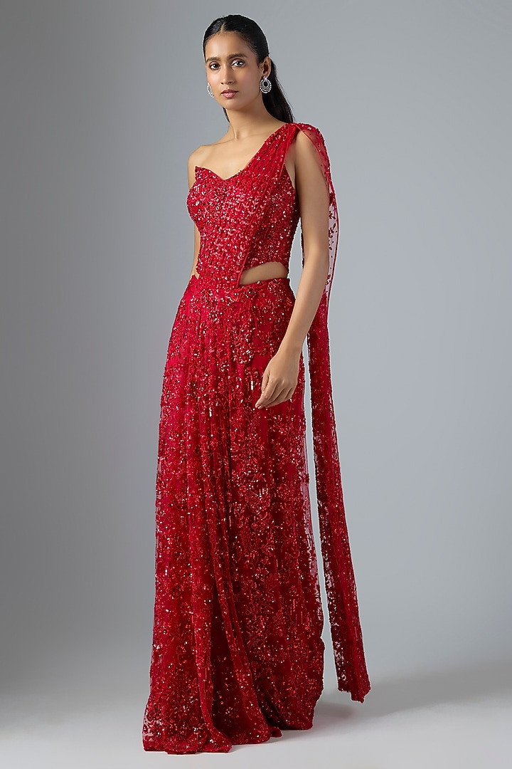 Red Soft Net & Satin Georgette Draped Reception Saree Set by Jayesh & Kajal Shah at Pernia's Pop Up Shop