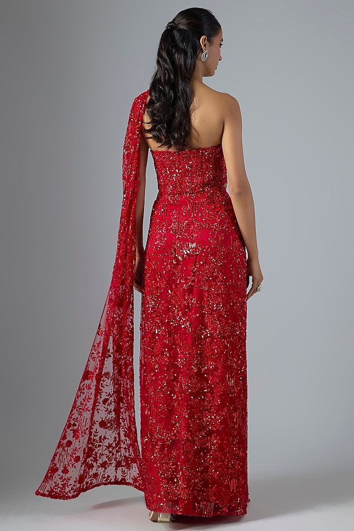 Red Soft Net & Satin Georgette Draped Reception Saree Set by Jayesh & Kaajal Shah at Pernia's Pop Up Shop