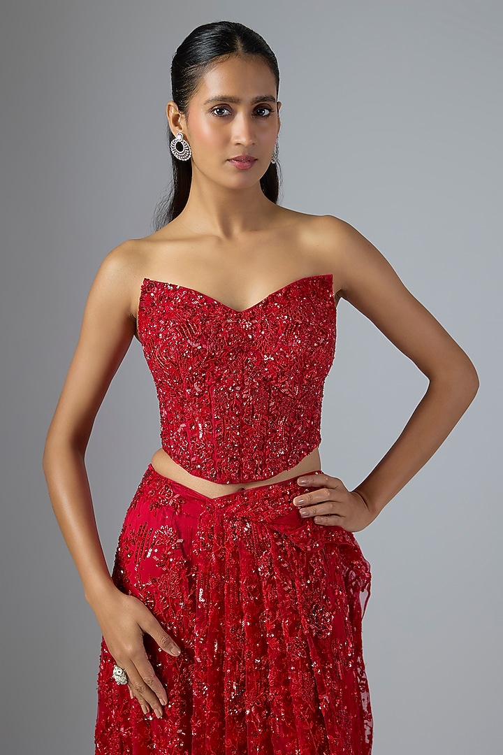 Red Soft Net & Satin Georgette Draped Reception Saree Set by Jayesh & Kaajal Shah at Pernia's Pop Up Shop