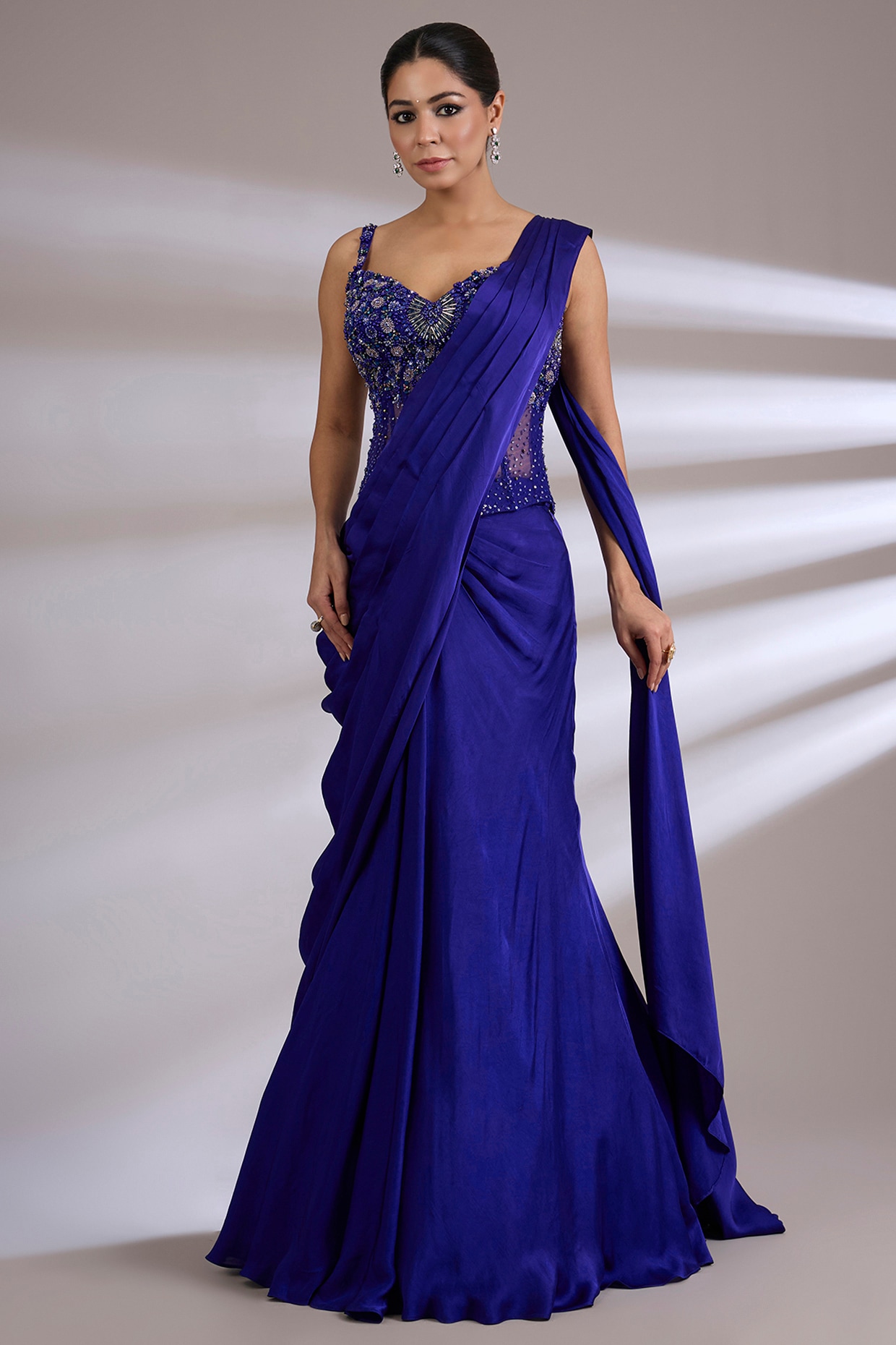 Jayesh & Kaajal Shah Blue Satin Georgette Skirt Saree Set
