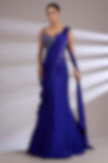 Blue Satin Georgette Skirt Wedding Saree Set by Jayesh & Kajal Shah at Pernia's Pop Up Shop